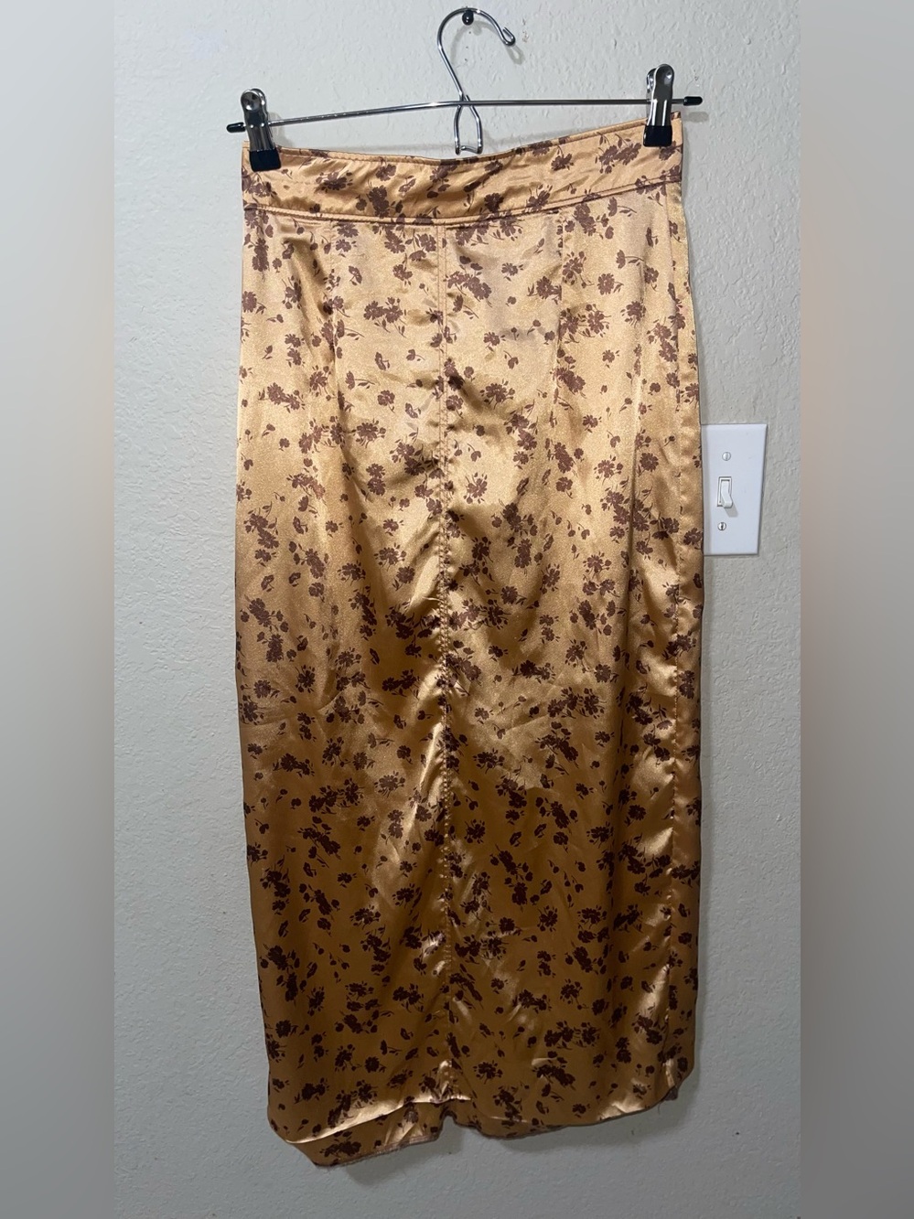 Zara Gold Satin Maxi Skirt with Brown Floral Print